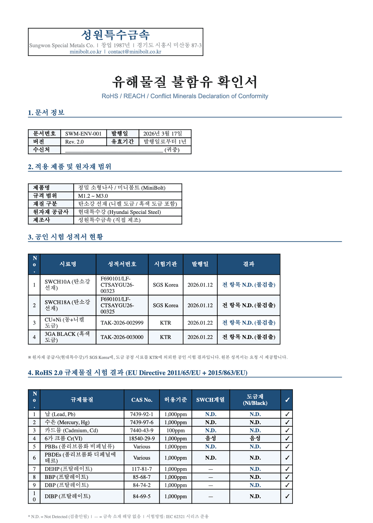 성원특수금속 유해물질 불함유 확인서 - RoHS/REACH 준수